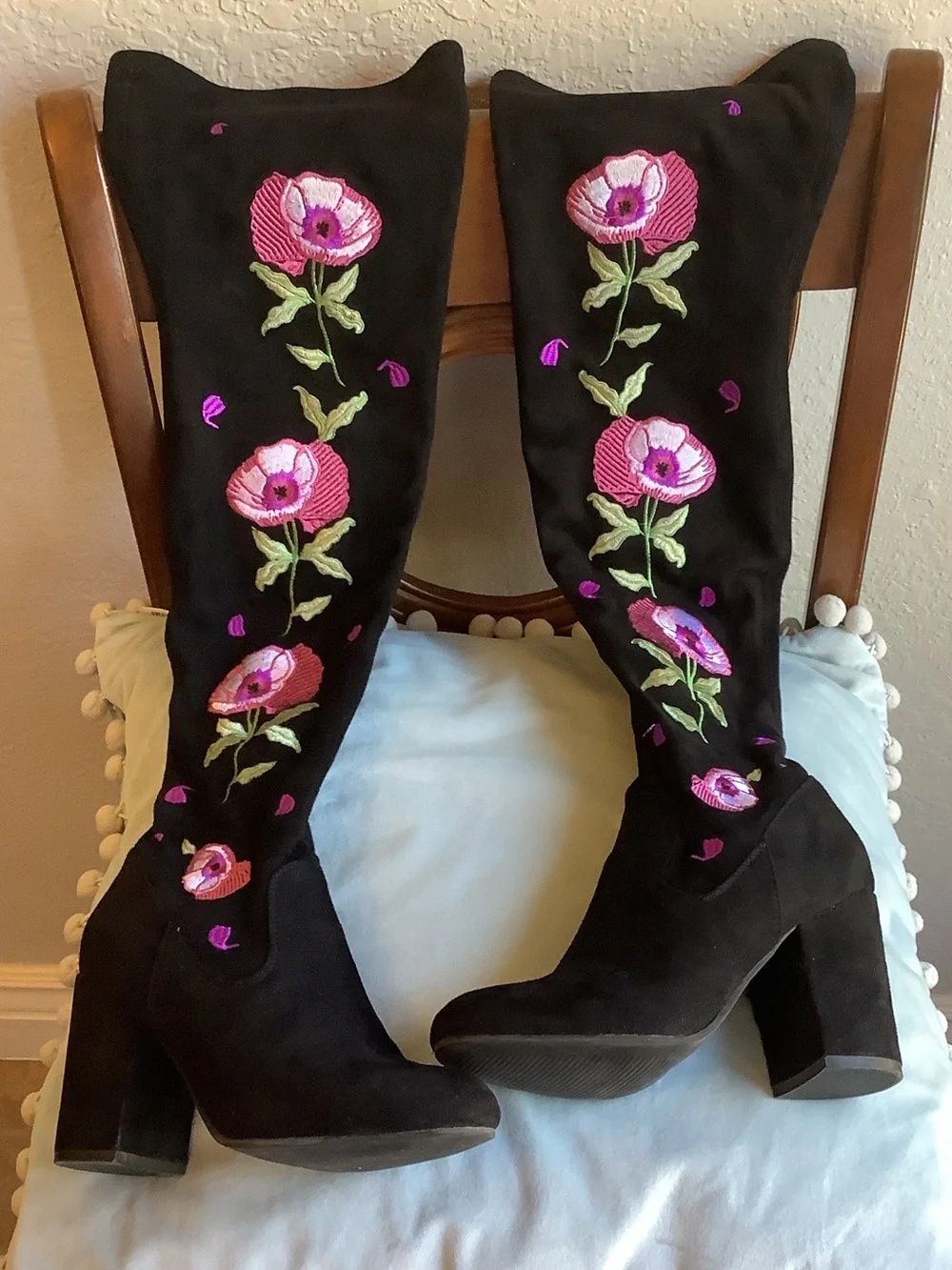 Carlos by Carlos Santana Black Over-the-Knee Boots with Pink Floral Embroidery